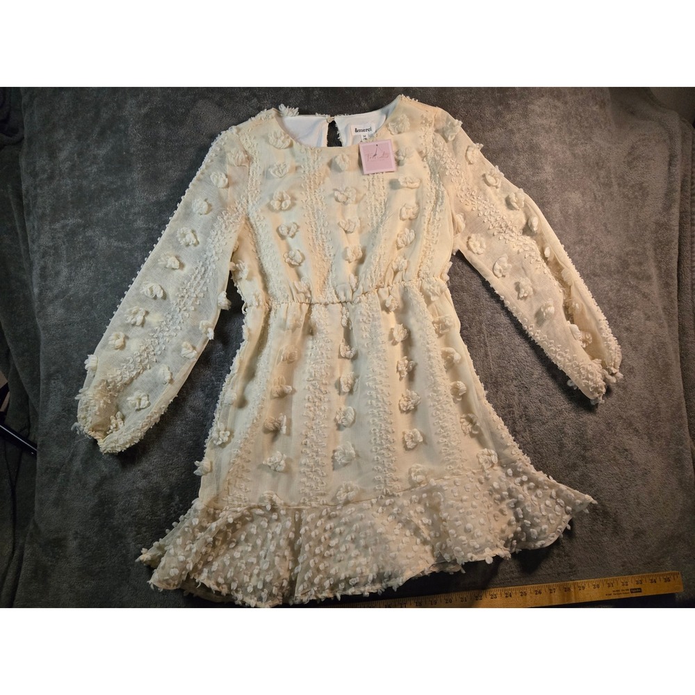 &merci Mini Dress Womens Medium Cream NEW Textured Floral Pom Ruffle Long Sleeve